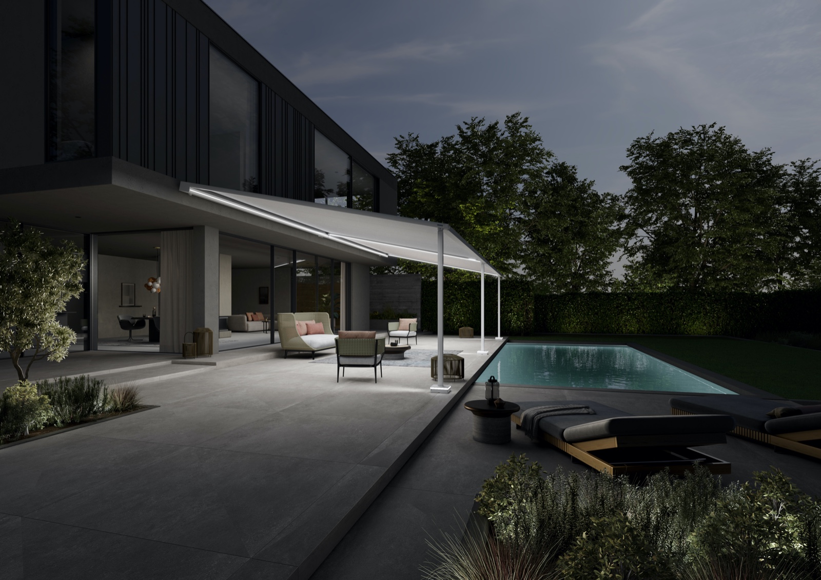 Toldo pérgola iluminado junto a piscina de noche